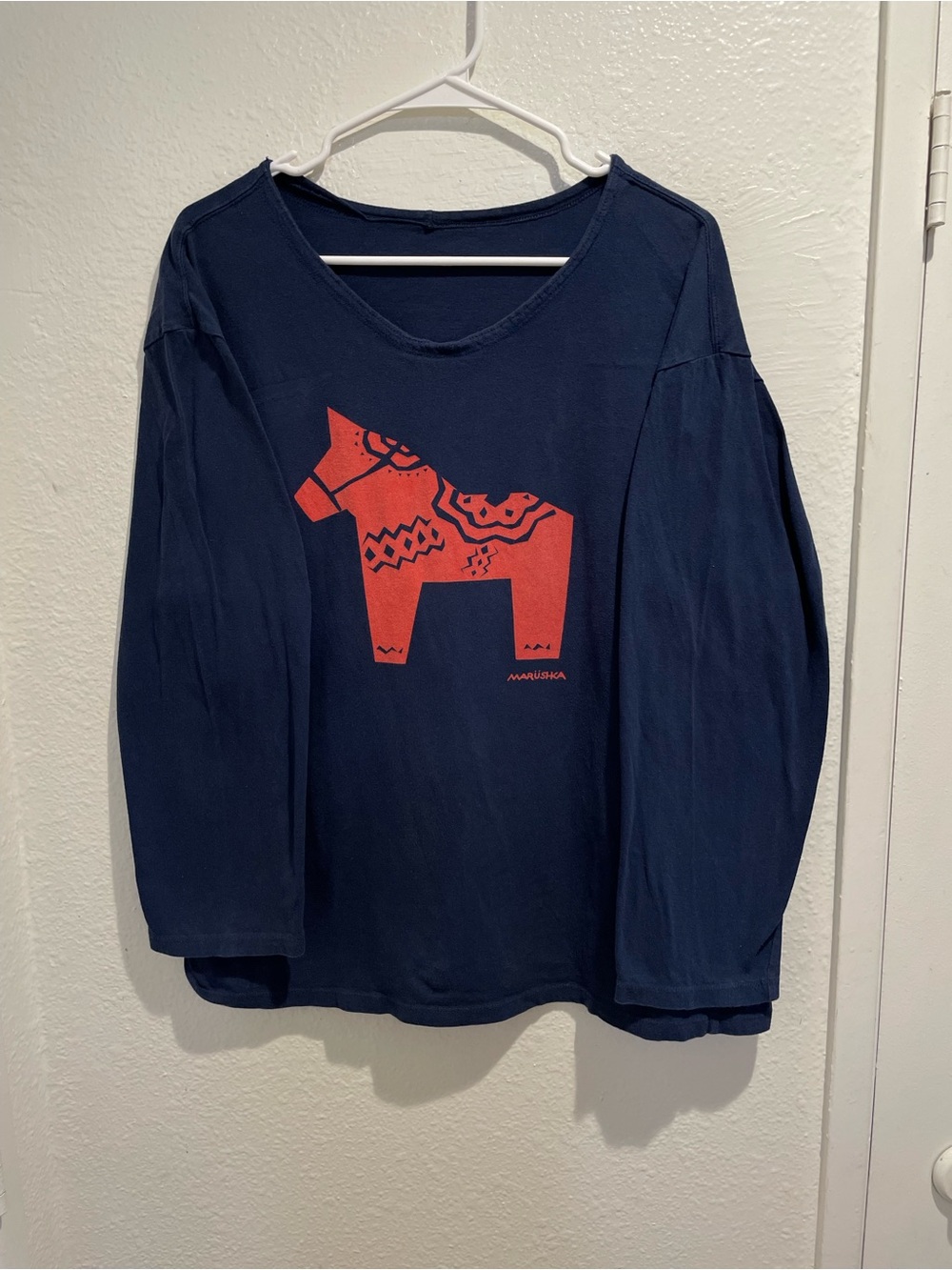Marushka Women's Navy Blue Dala Horse Long Sleeve Graphic Shirt Size 2XL